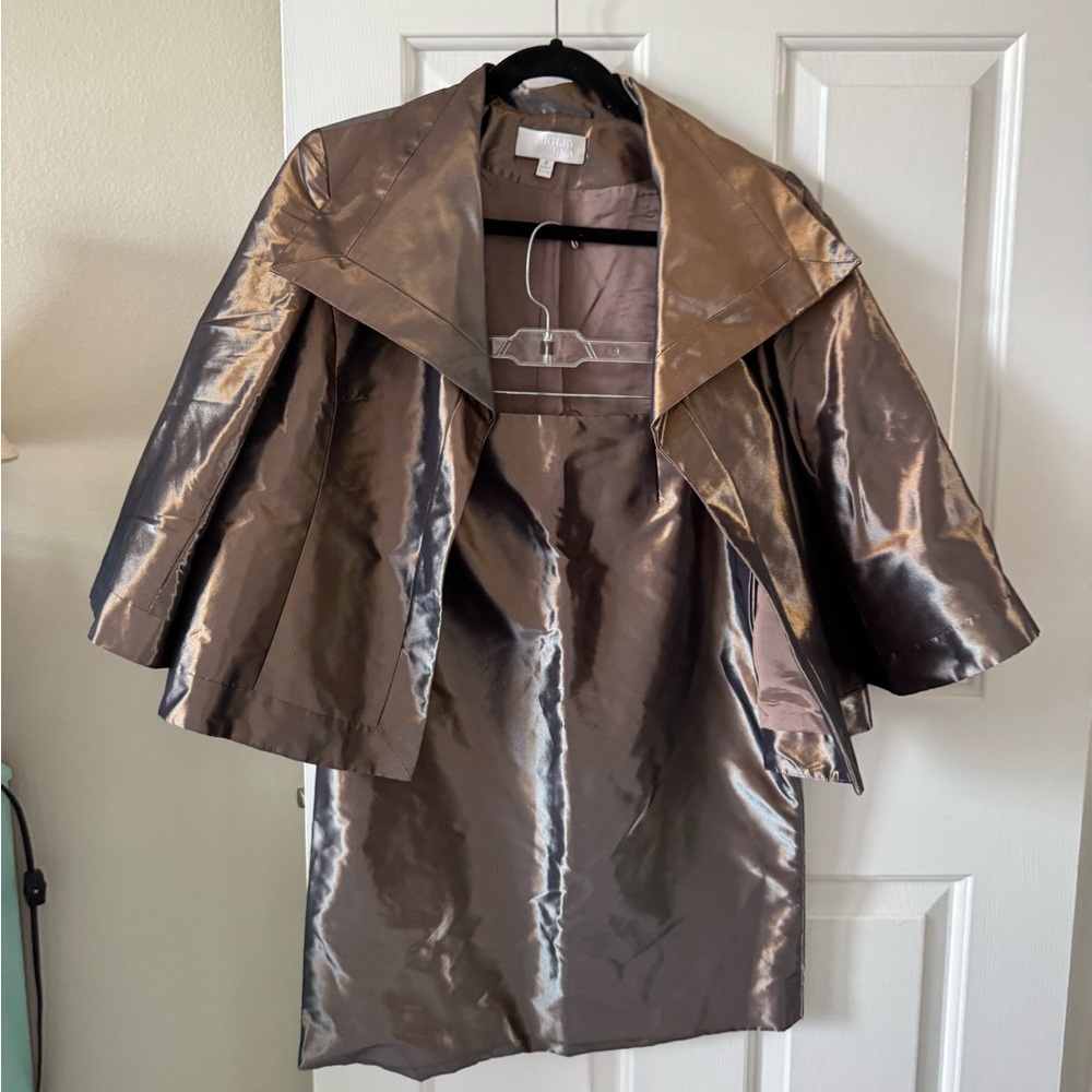 #333-9 Badgley Mischka 3 Pc Suit Bronze 8 skirt Straight, Jacket Open Front NWOT - Picture 7 of 16